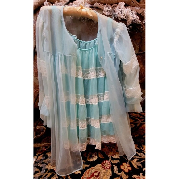 Miss Elaine Other - Miss Elaine 1960s Chic Blue Chiffon Lace Short Nightie w Sheer Robe 3/4 slv S/M